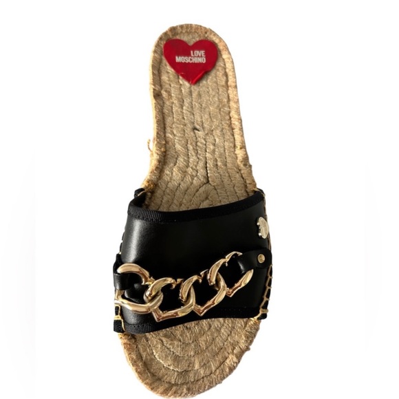 Heart Chain Black Leather Espadrille Sliders - Picture 2 of 7